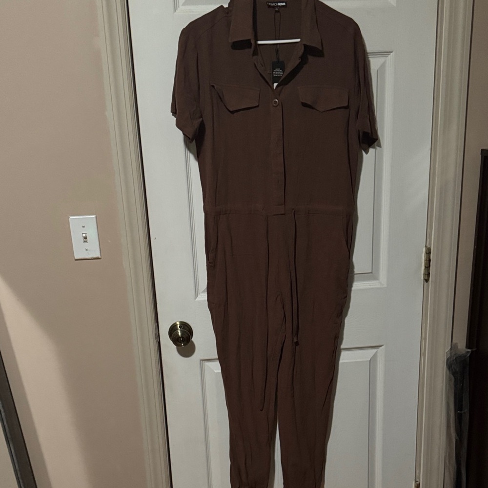 Fashion Nova Brown Short-Sleeve Utility Jumpsuit